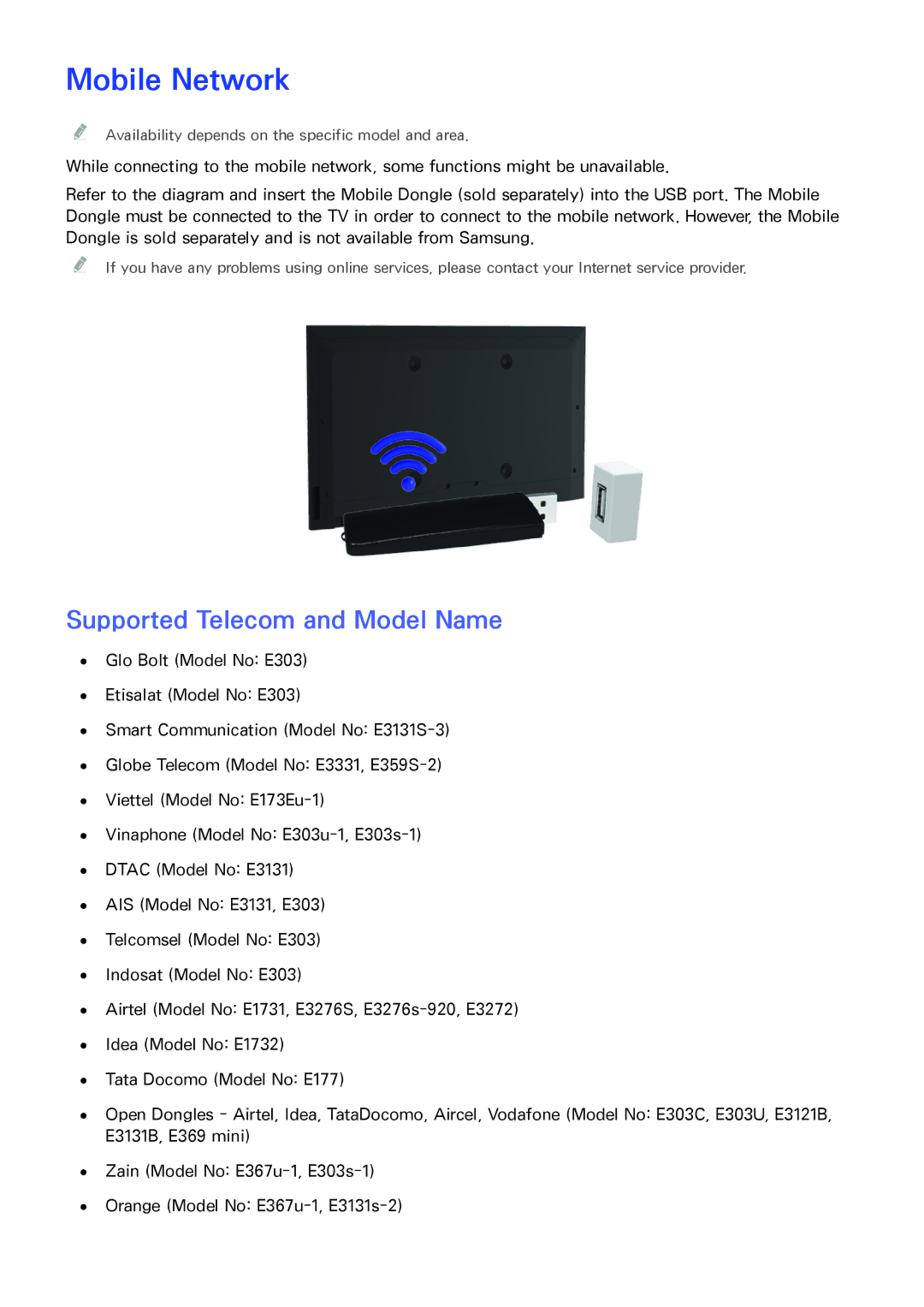 Samsung UA32H4303ARXUM, UA46H6203ARXZN, UA46H5303ARXUM, UA40H5303ARXUM manual Mobile Network, Supported Telecom and Model Name 