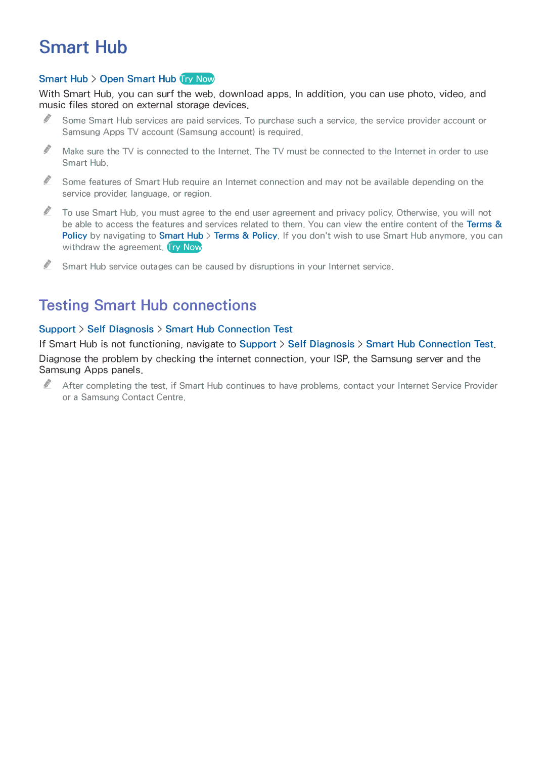 Samsung UA46H5303ARXEG, UA46H6203ARXZN, UA46H5303ARXUM Testing Smart Hub connections, Smart Hub Open Smart Hub Try Now 