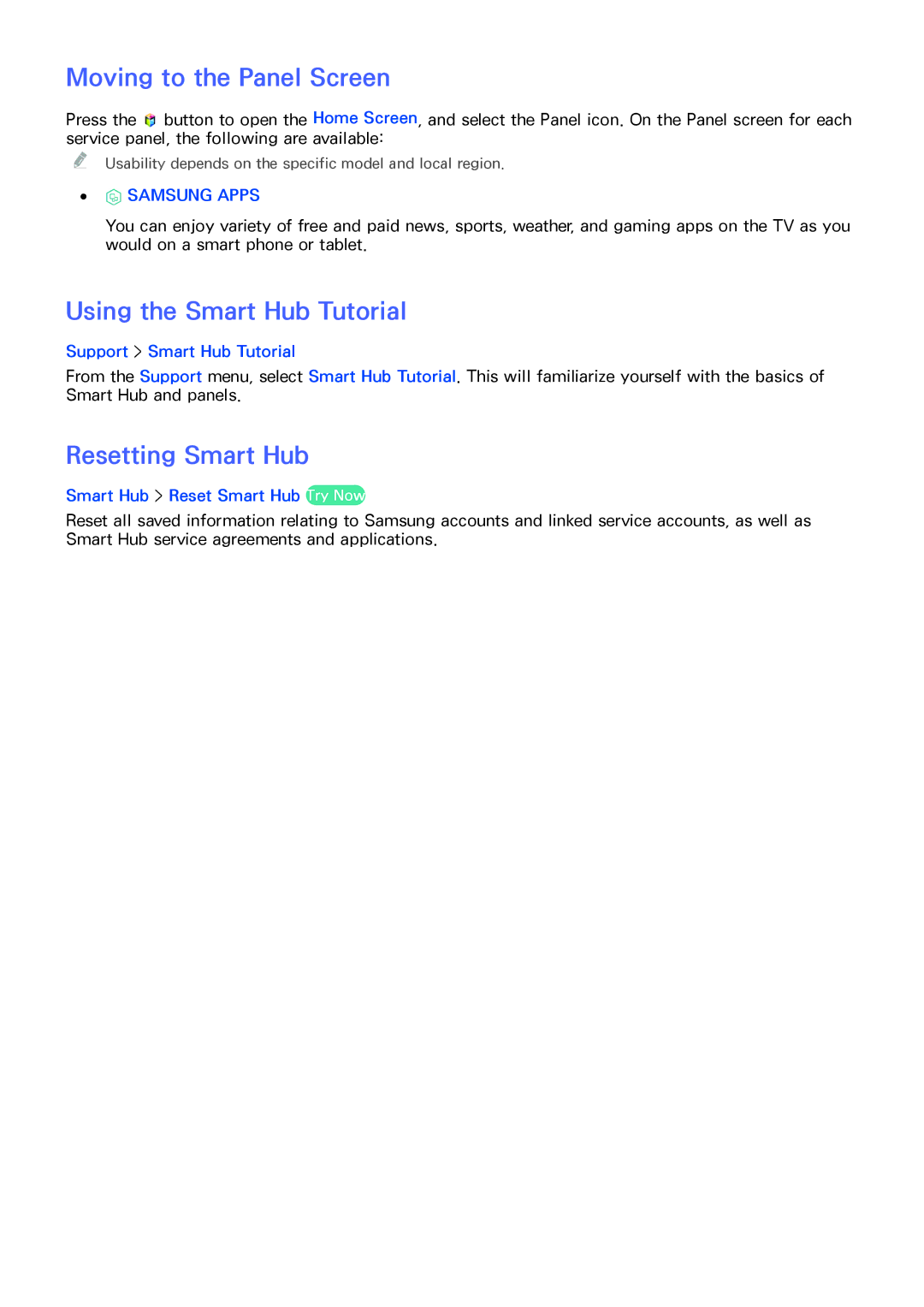 Samsung UA46H5303ARXUM, UA46H6203ARXZN manual Moving to the Panel Screen, Using the Smart Hub Tutorial, Resetting Smart Hub 