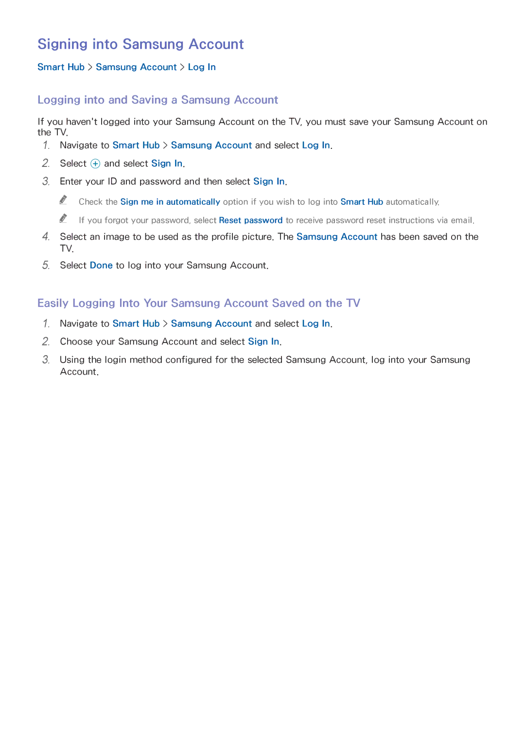 Samsung UA48H4203ARXEG, UA46H6203ARXZN manual Signing into Samsung Account, Logging into and Saving a Samsung Account 