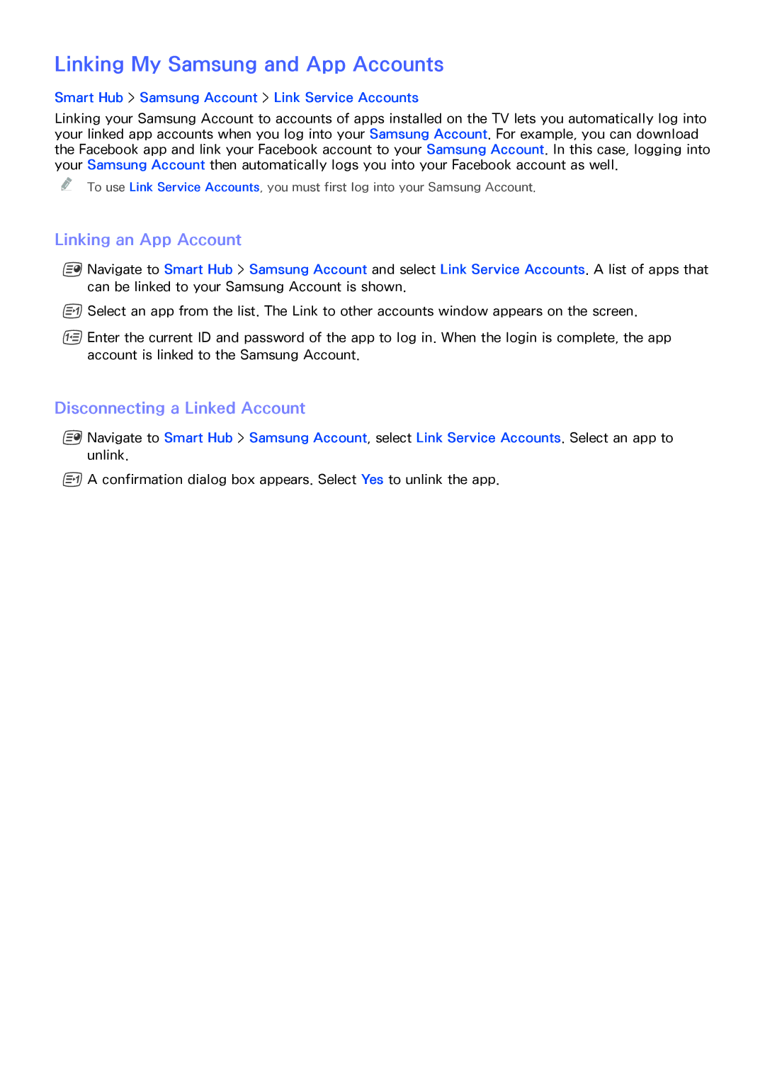 Samsung UA48H4203ARXUM manual Linking My Samsung and App Accounts, Linking an App Account, Disconnecting a Linked Account 