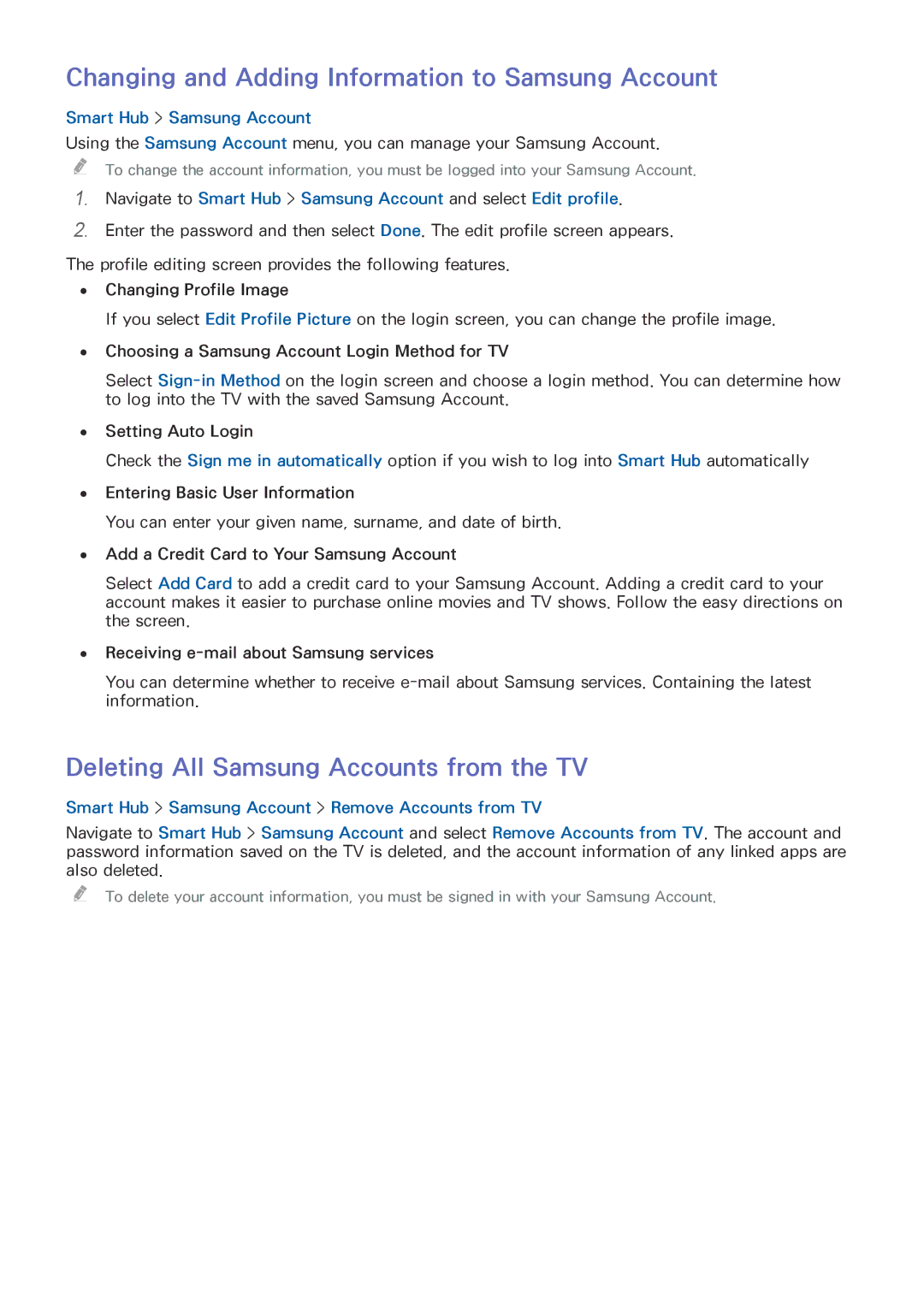 Samsung UA40H4203ARXSK manual Changing and Adding Information to Samsung Account, Deleting All Samsung Accounts from the TV 