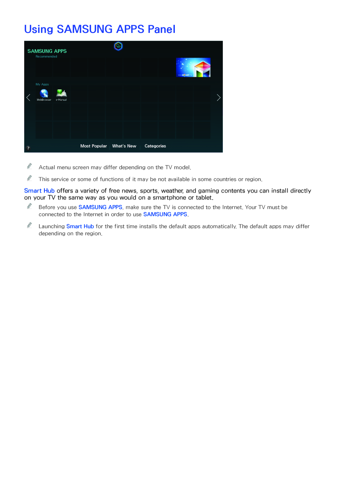 Samsung UA32H4303ARXMM, UA46H6203ARXZN, UA46H5303ARXUM, UA40H5303ARXUM, UA32H4303ARXEG manual Using Samsung Apps Panel 