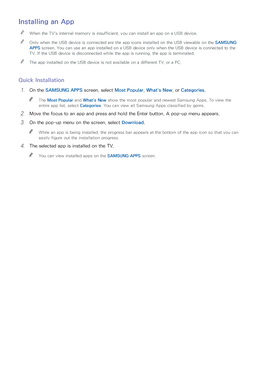 Samsung UA40H4203ARXEG, UA46H6203ARXZN, UA46H5303ARXUM, UA40H5303ARXUM, UA32H4303ARXEG Installing an App, Quick Installation 