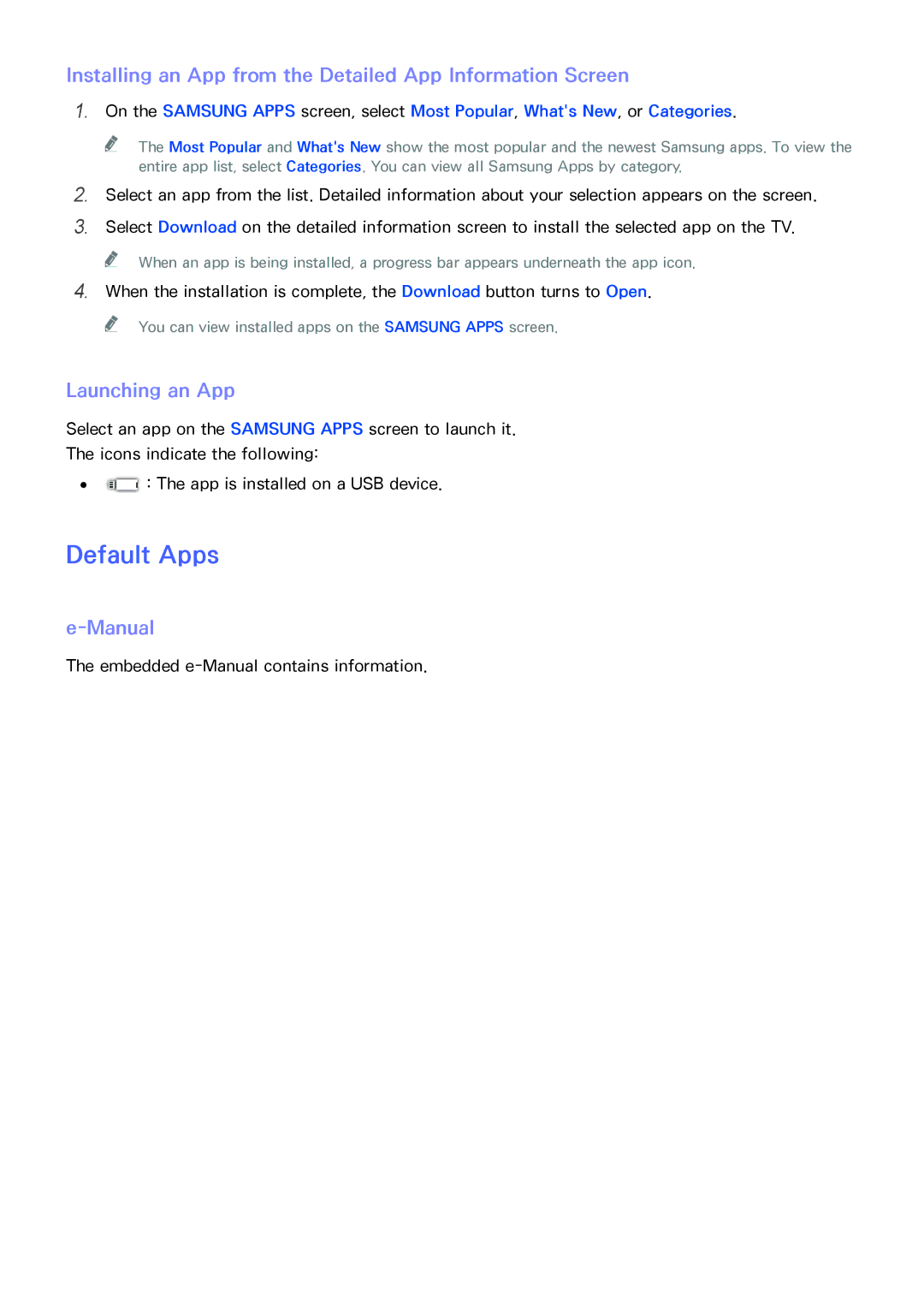 Samsung UA40H4203ARXUM Default Apps, Installing an App from the Detailed App Information Screen, Launching an App, Manual 
