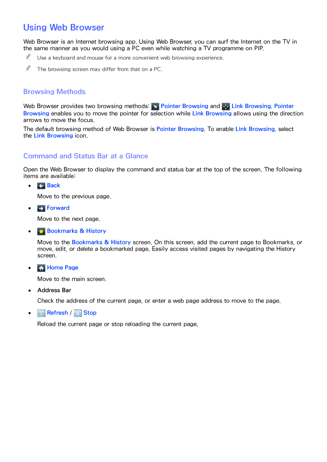 Samsung UA48H4203ARXZN, UA46H6203ARXZN manual Using Web Browser, Browsing Methods, Command and Status Bar at a Glance 