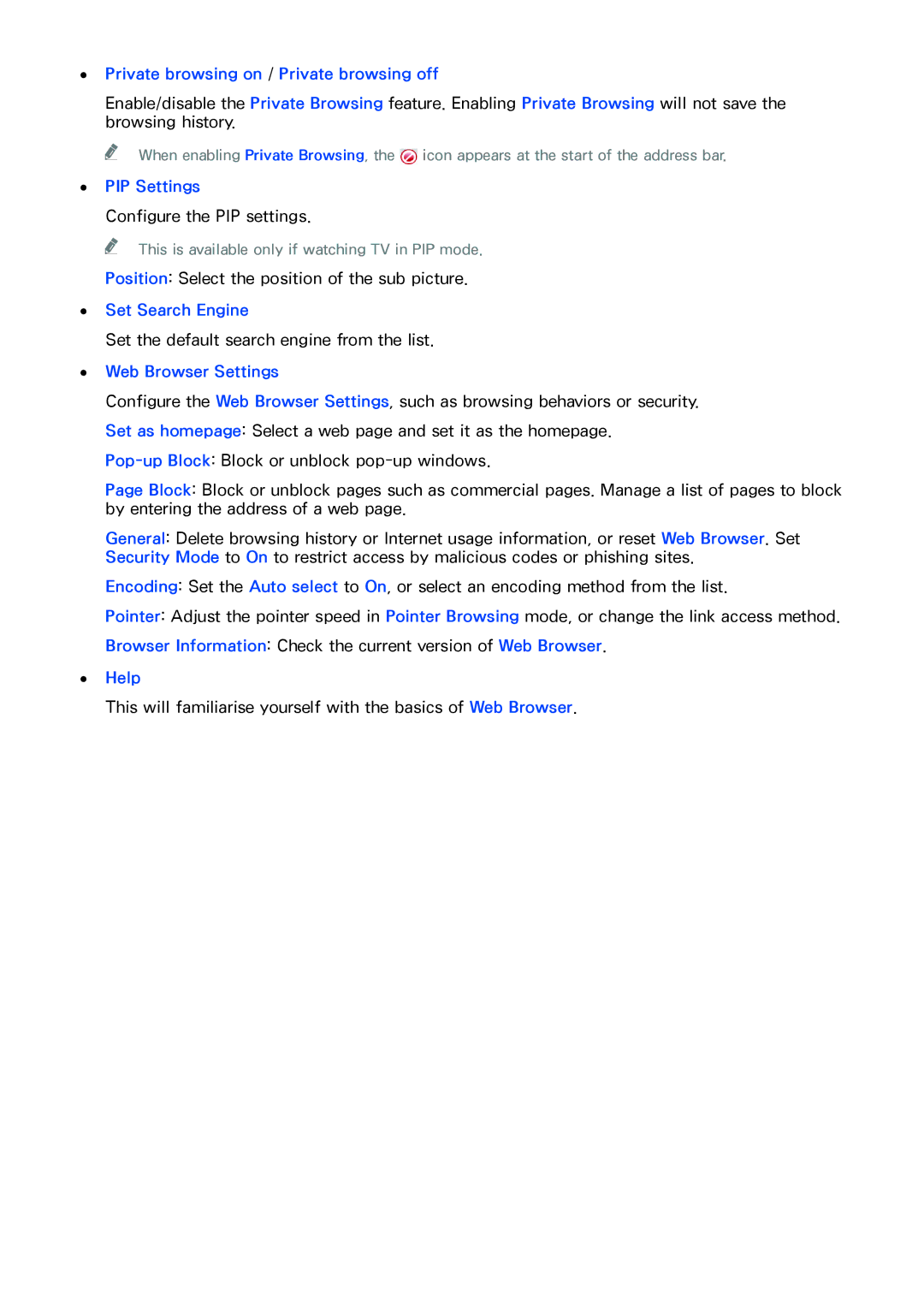 Samsung UA46H6203ARXUM Private browsing on / Private browsing off, PIP Settings, Set Search Engine, Web Browser Settings 
