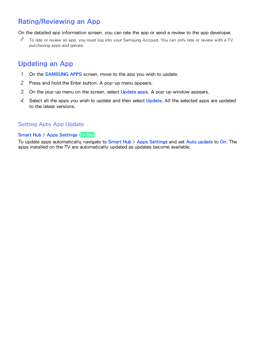 Samsung UA46H6203ARXSJ Rating/Reviewing an App, Updating an App, Setting Auto App Update, Smart Hub Apps Settings Try Now 