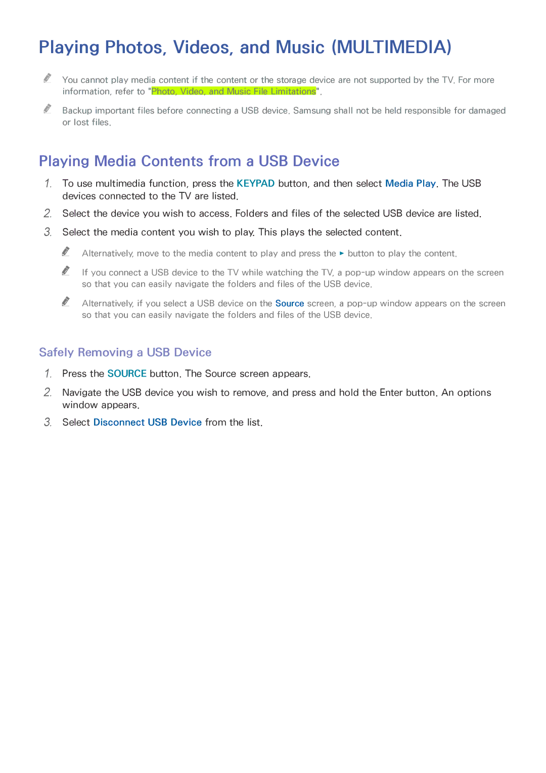 Samsung UA58H5203ARXUM manual Playing Photos, Videos, and Music Multimedia, Playing Media Contents from a USB Device 