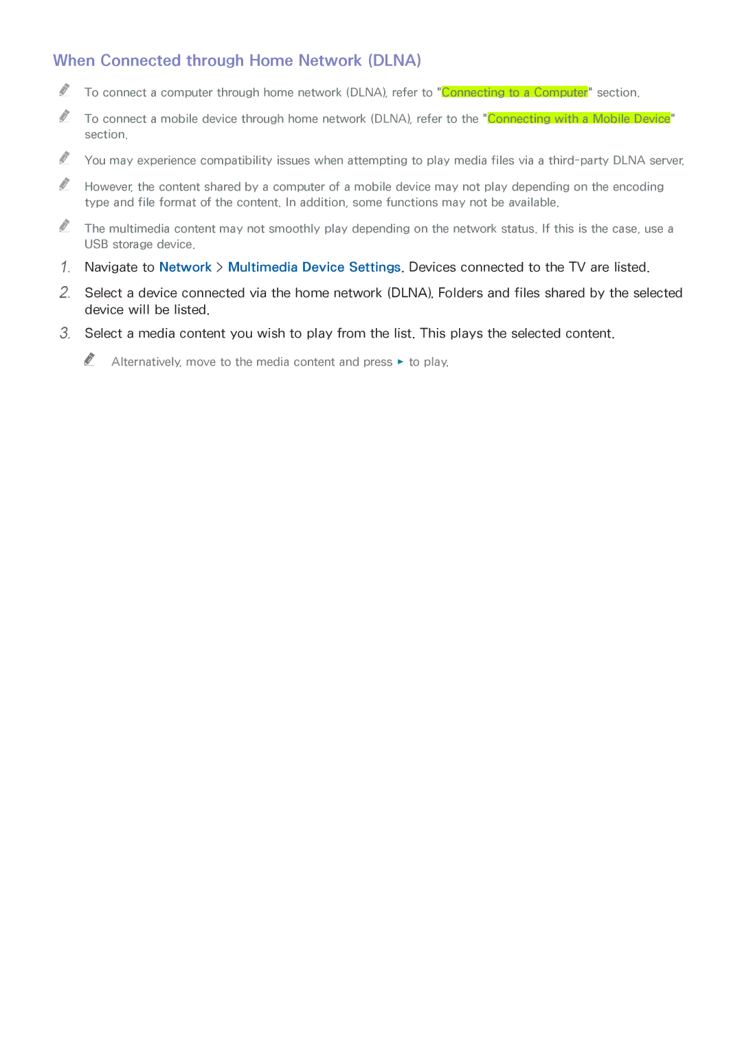 Samsung UA55H6203ARXUM, UA46H6203ARXZN, UA46H5303ARXUM, UA40H5303ARXUM manual When Connected through Home Network Dlna 