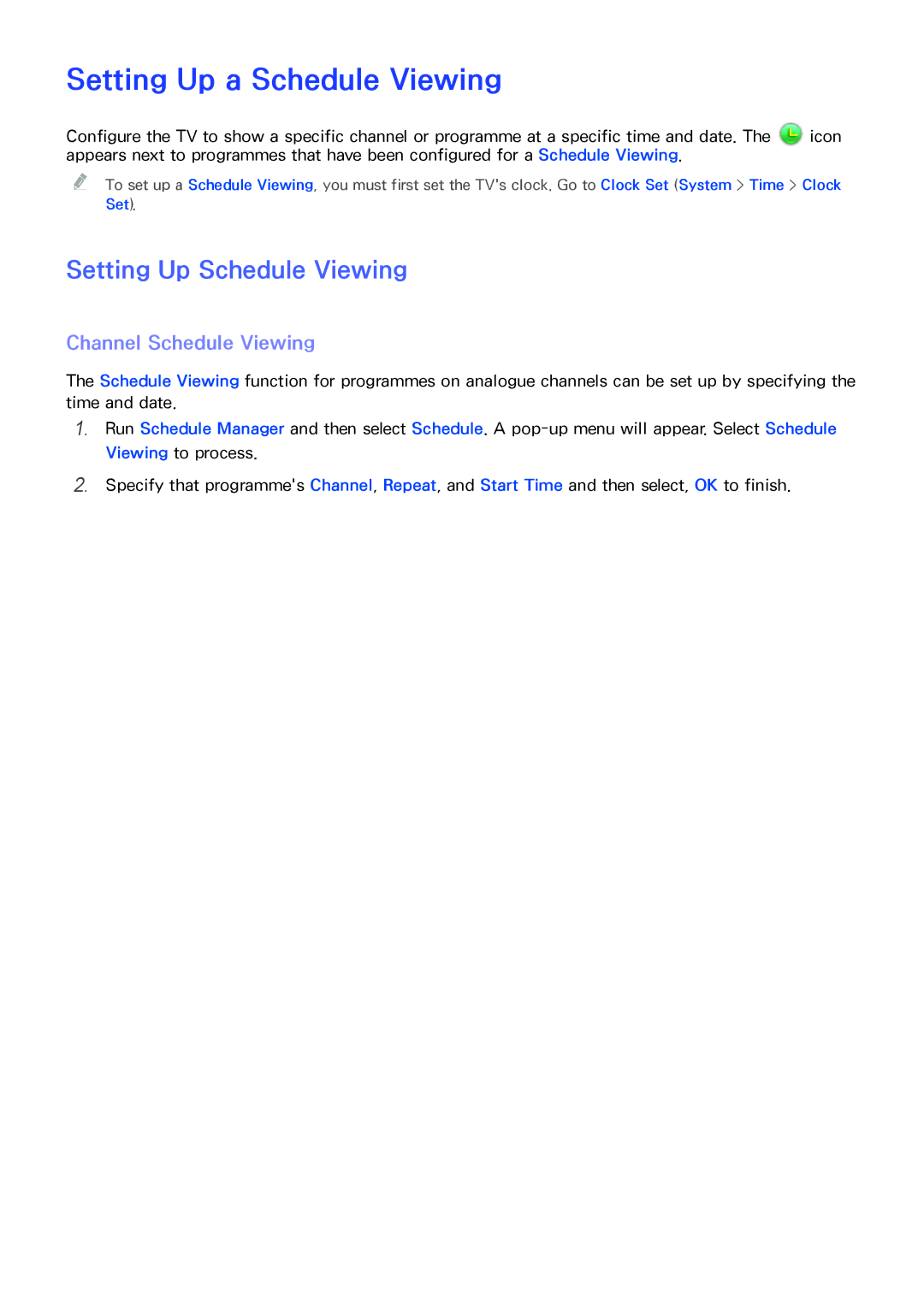 Samsung UA32H4303ARXEG manual Setting Up a Schedule Viewing, Setting Up Schedule Viewing, Channel Schedule Viewing 