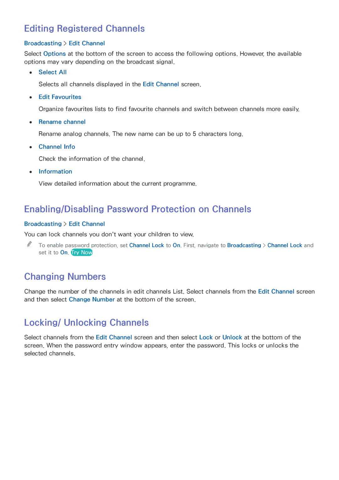 Samsung UA32H4303ARXMM Editing Registered Channels, Enabling/Disabling Password Protection on Channels, Changing Numbers 