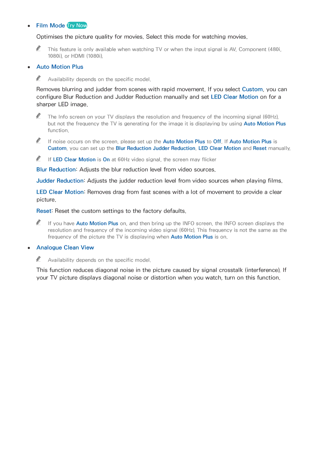 Samsung UA55H6203ARXZN, UA46H6203ARXZN, UA46H5303ARXUM manual Film Mode Try Now, Auto Motion Plus, Analogue Clean View 