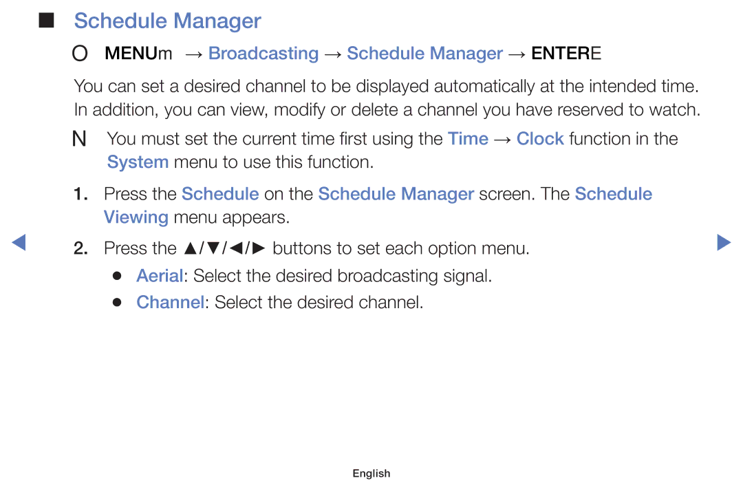 Samsung UA40H4200AWXMV, UA48H4200AWXMV, UA40H4200AWXSQ manual OO MENUm → Broadcasting → Schedule Manager → Entere 