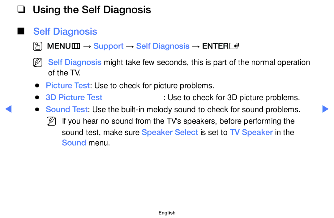 Samsung UA32H4100AKXLY Using the Self Diagnosis, OO MENUm → Support → Self Diagnosis → Entere, 3D Picture Test, Sound menu 