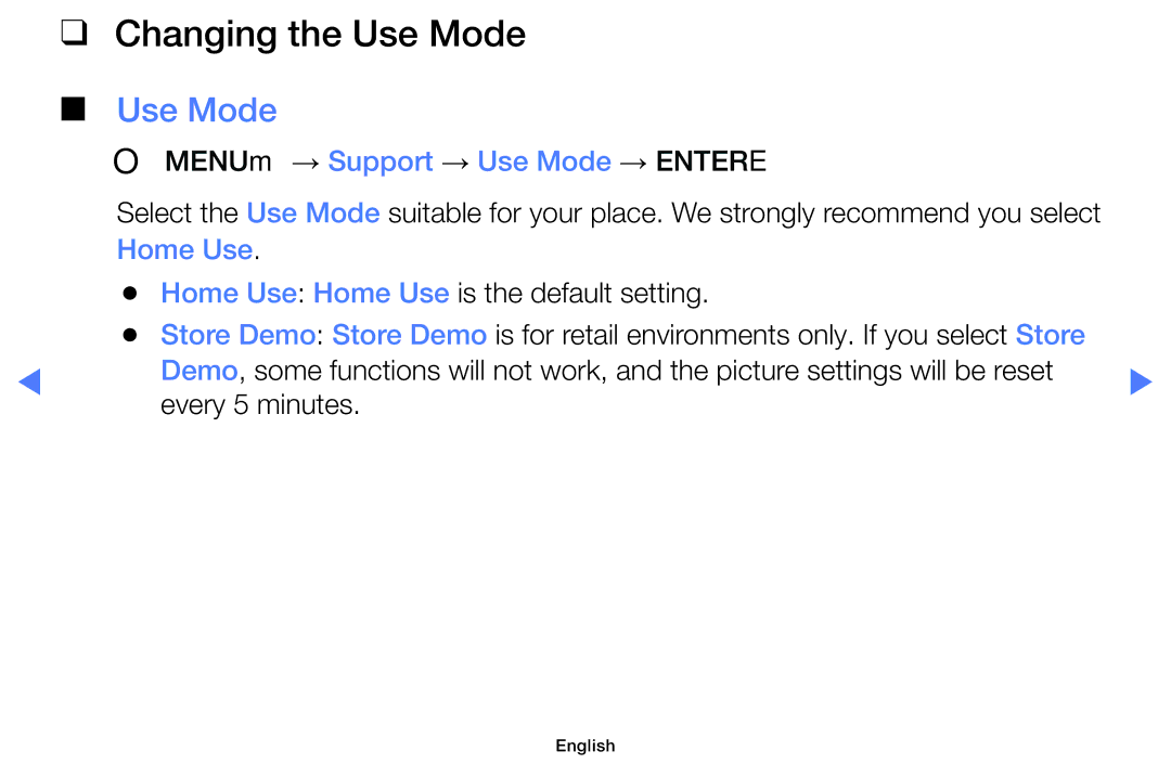 Samsung UA48H4200AWXMV, UA40H4200AWXSQ manual Changing the Use Mode, OO MENUm → Support → Use Mode → Entere, Home Use 