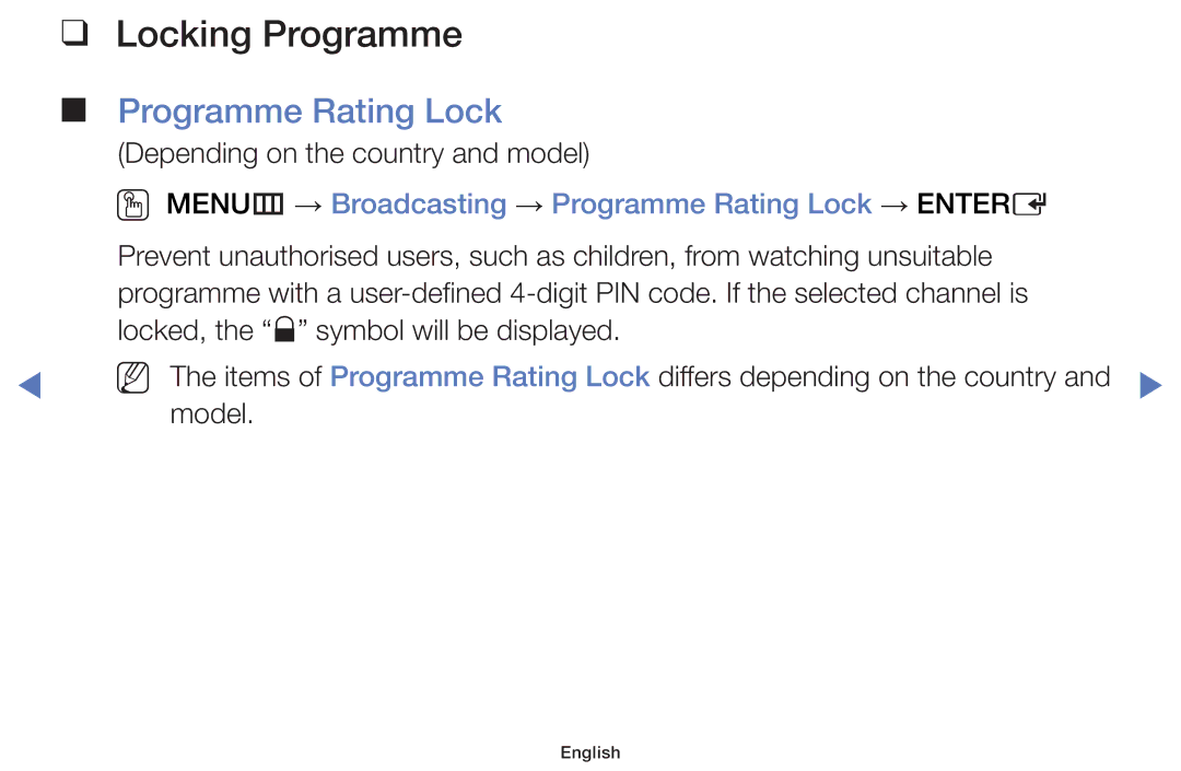 Samsung UA48H4200AWXMV, UA40H4200AWXSQ Locking Programme, OO MENUm → Broadcasting → Programme Rating Lock → Entere 