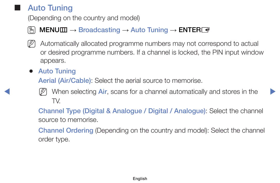 Samsung UA32H4100AKXLY, UA48H4200AWXMV, UA40H4200AWXSQ, UA40H4200AWXMV OO MENUm → Broadcasting → Auto Tuning → Entere 