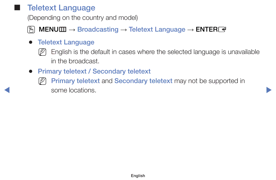 Samsung UA40H4200AWXMV, UA48H4200AWXMV, UA40H4200AWXSQ manual OO MENUm → Broadcasting → Teletext Language → Entere 