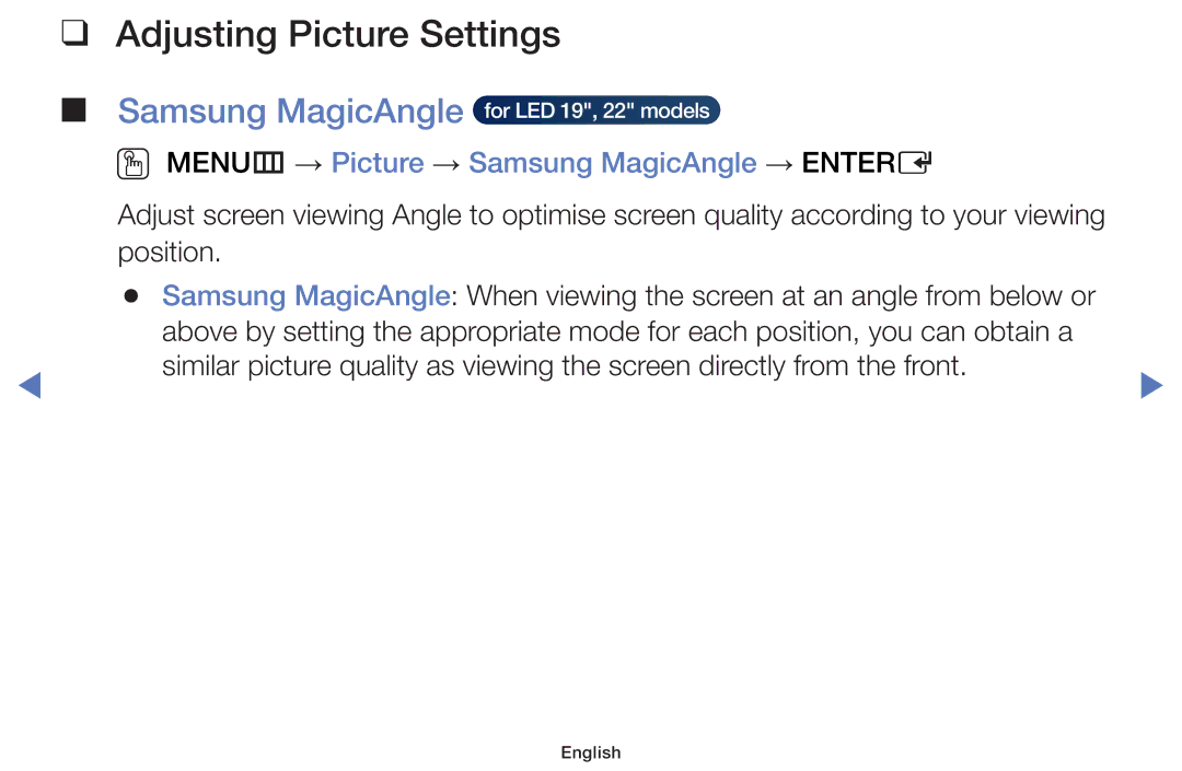 Samsung UA40H4200AWXMV, UA48H4200AWXMV manual Adjusting Picture Settings, OO MENUm → Picture → Samsung MagicAngle → Entere 