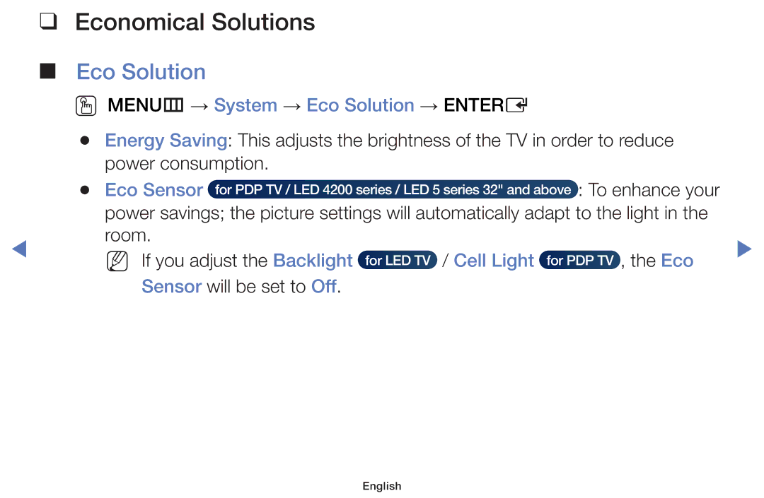 Samsung UA48H4200AWXMV, UA40H4200AWXSQ Economical Solutions, OO MENUm → System → Eco Solution → Entere, Eco Sensor 