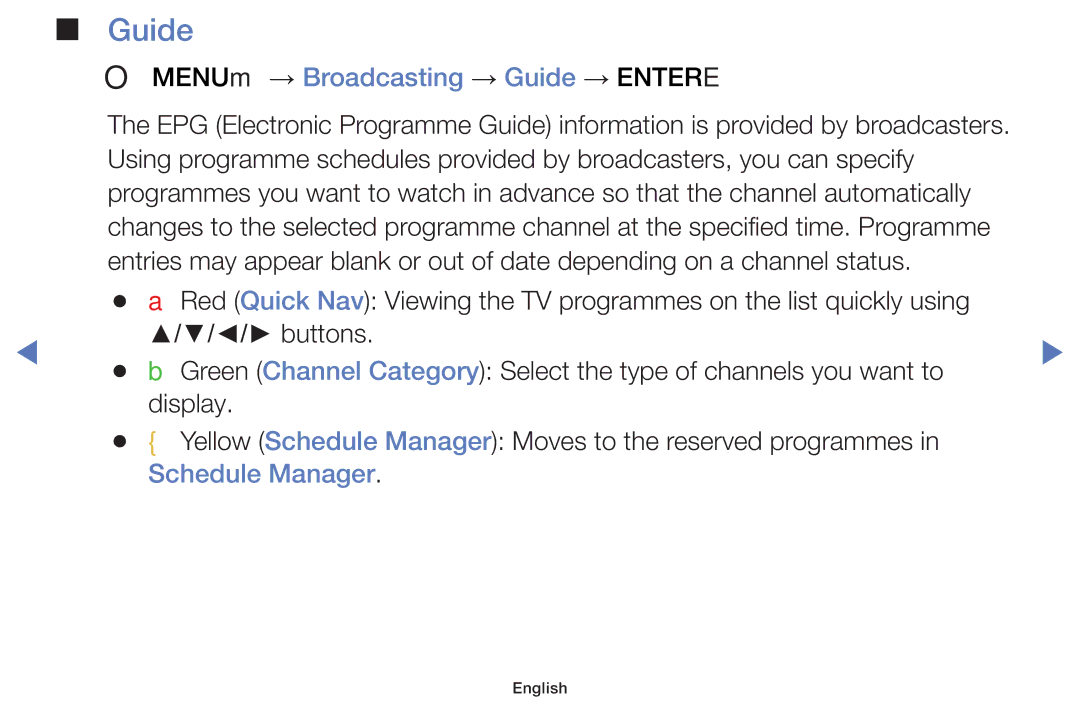 Samsung UA40H4200AWXSQ, UA48H4200AWXMV, UA40H4200AWXMV manual OO MENUm → Broadcasting → Guide → Entere, Schedule Manager 