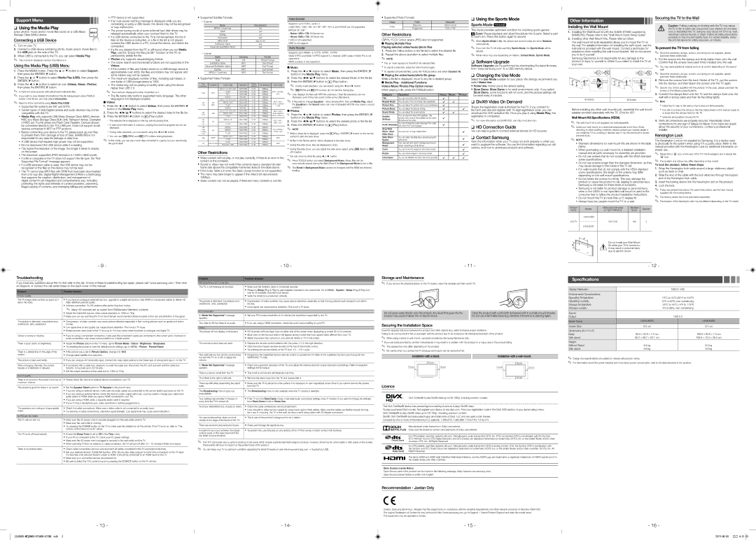 Samsung UA40J5000ARXUM, UA48J5000ARXSK, UA40J5000ARXSK, UA48J5000ARXUM manual Support Menu, Other Information, Specifications 