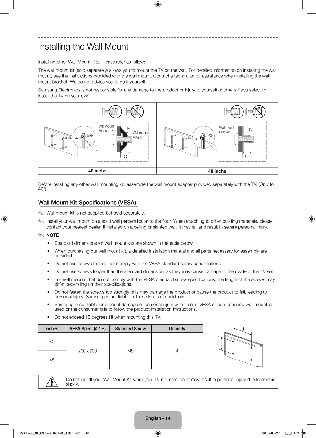 Samsung UA48J5000AWXSQ manual Installing the Wall Mount, Standard Screw Quantity, 200 x 