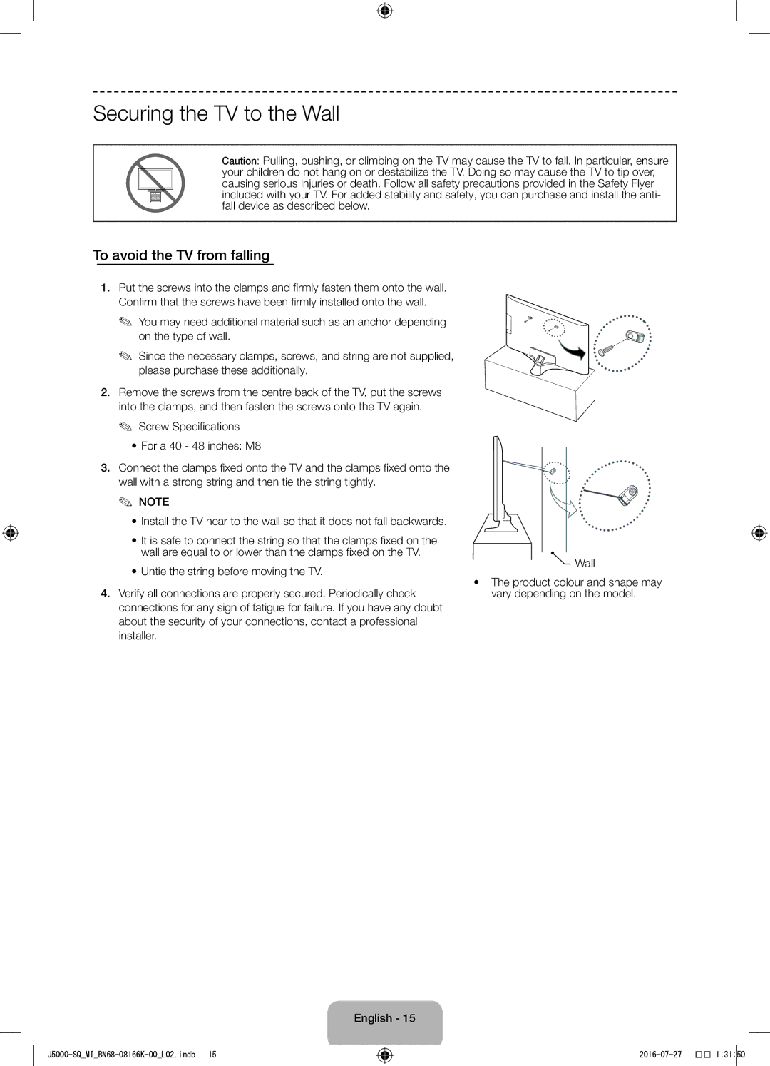 Samsung UA48J5000AWXSQ manual Securing the TV to the Wall, To avoid the TV from falling 