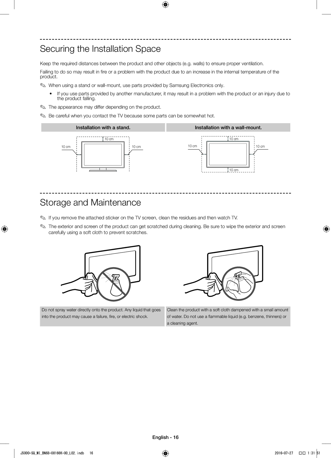 Samsung UA48J5000AWXSQ manual Securing the Installation Space, Storage and Maintenance 