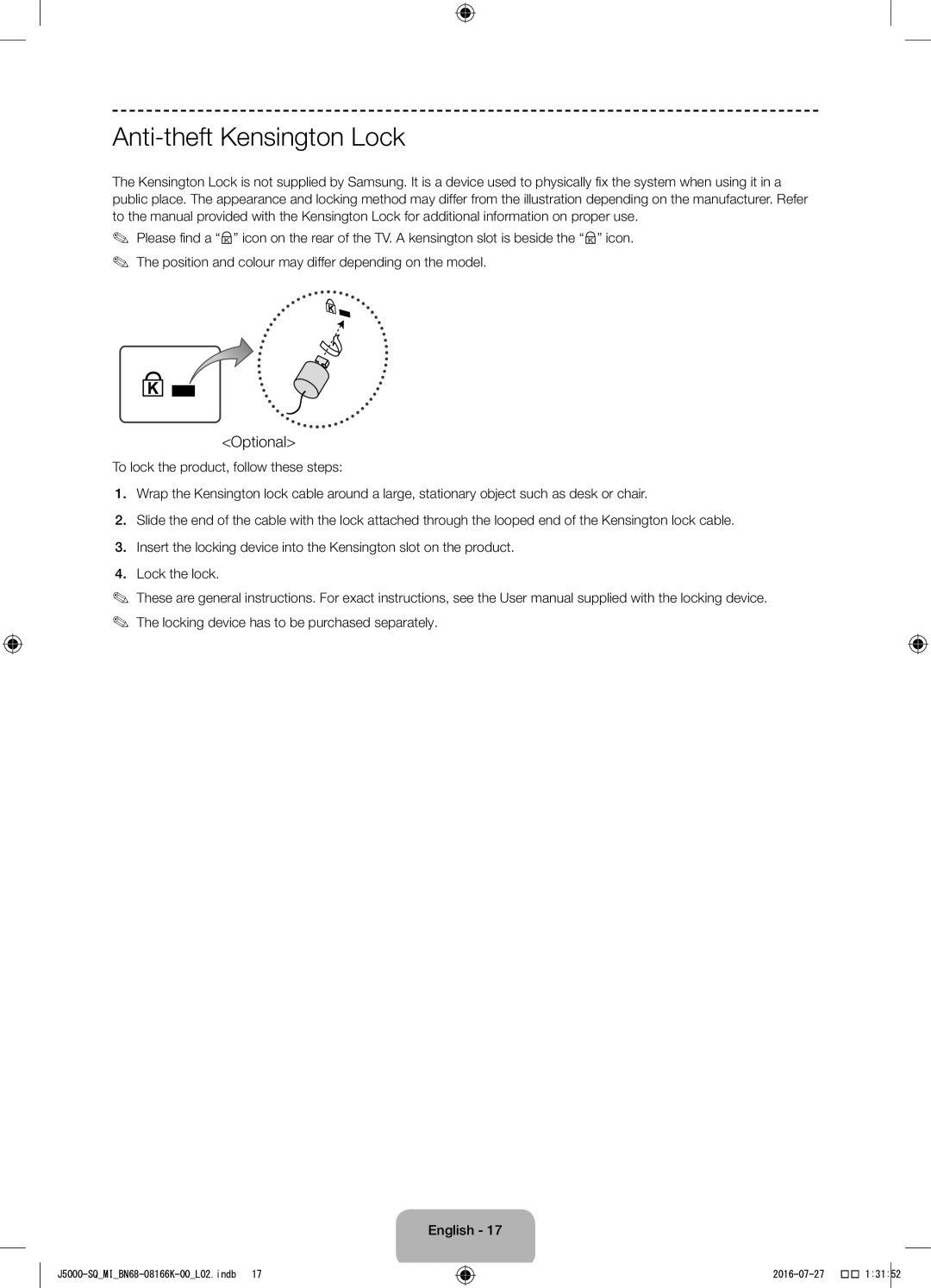 Samsung UA48J5000AWXSQ manual Anti-theft Kensington Lock, Optional 