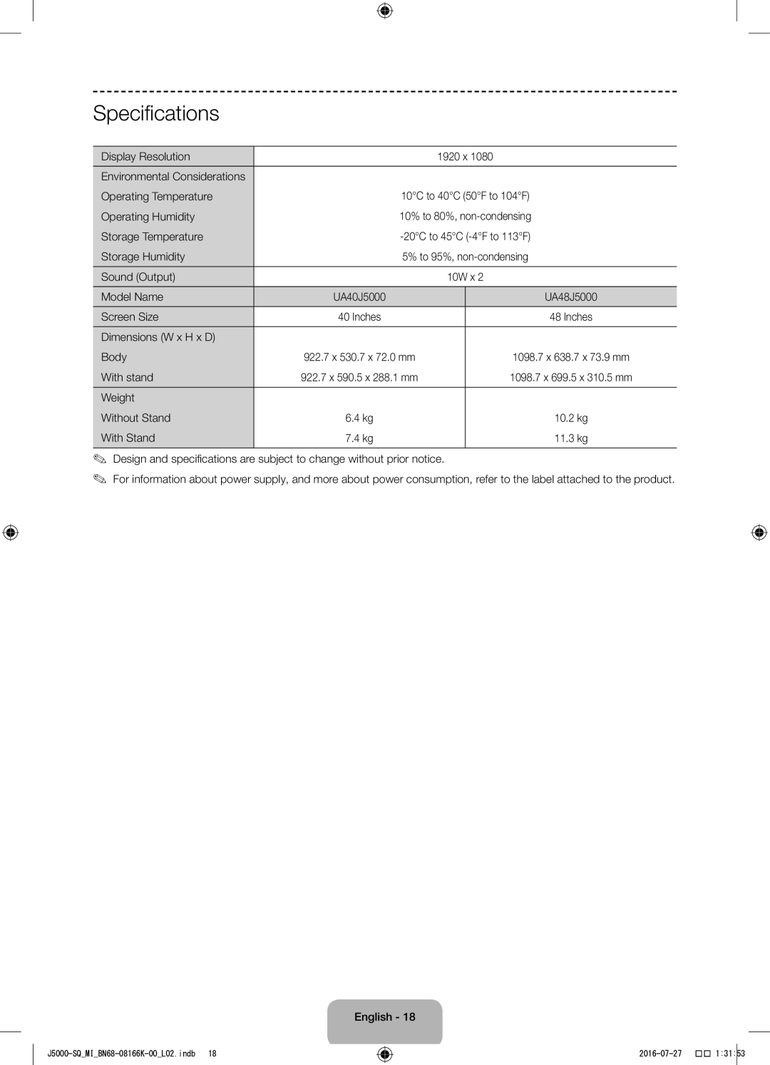 Samsung UA48J5000AWXSQ manual Specifications 