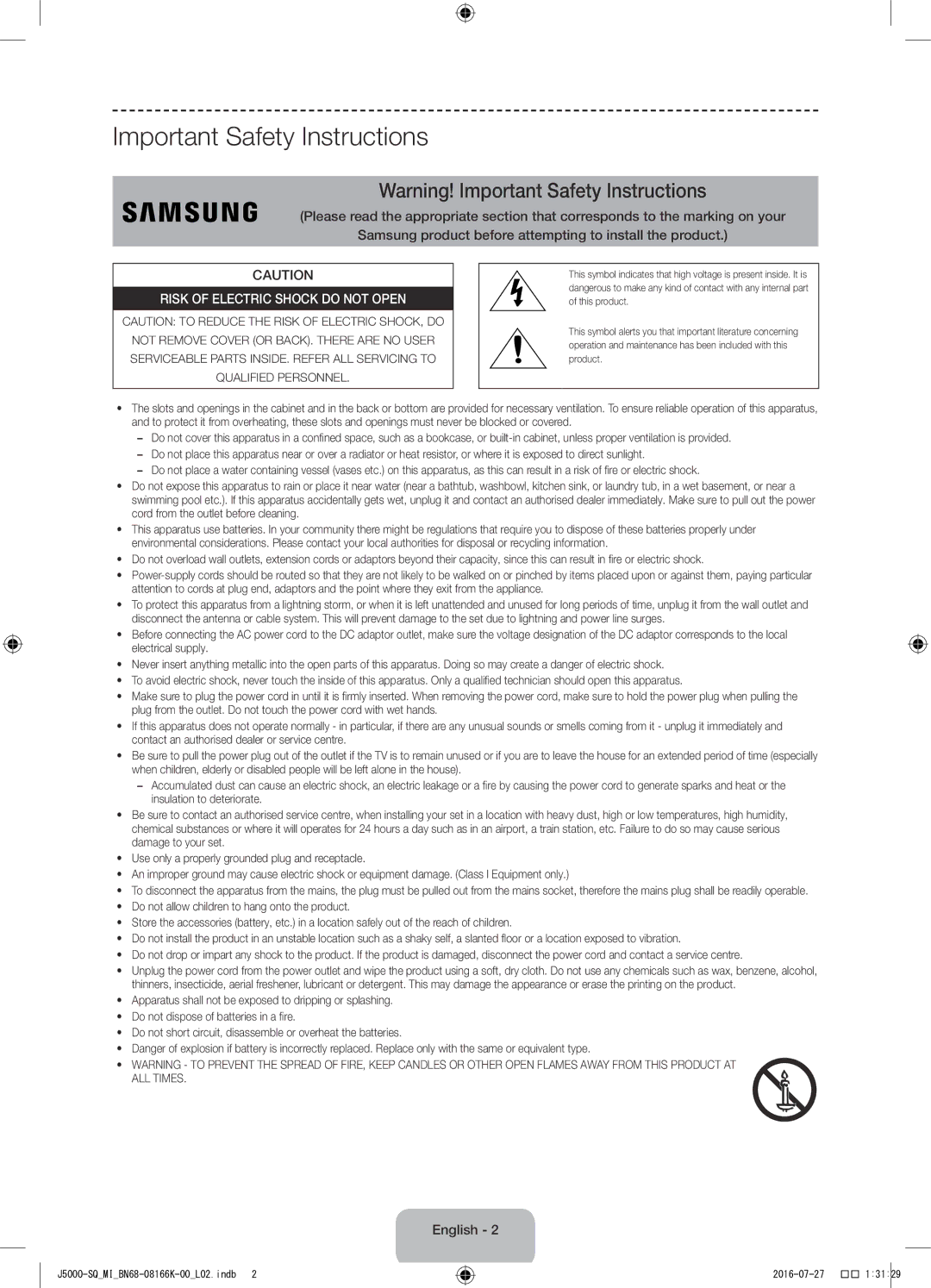 Samsung UA48J5000AWXSQ manual Important Safety Instructions, English 