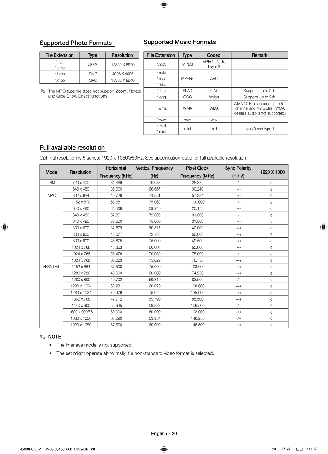 Samsung UA48J5000AWXSQ manual Supported Photo Formats Supported Music Formats, Full available resolution 