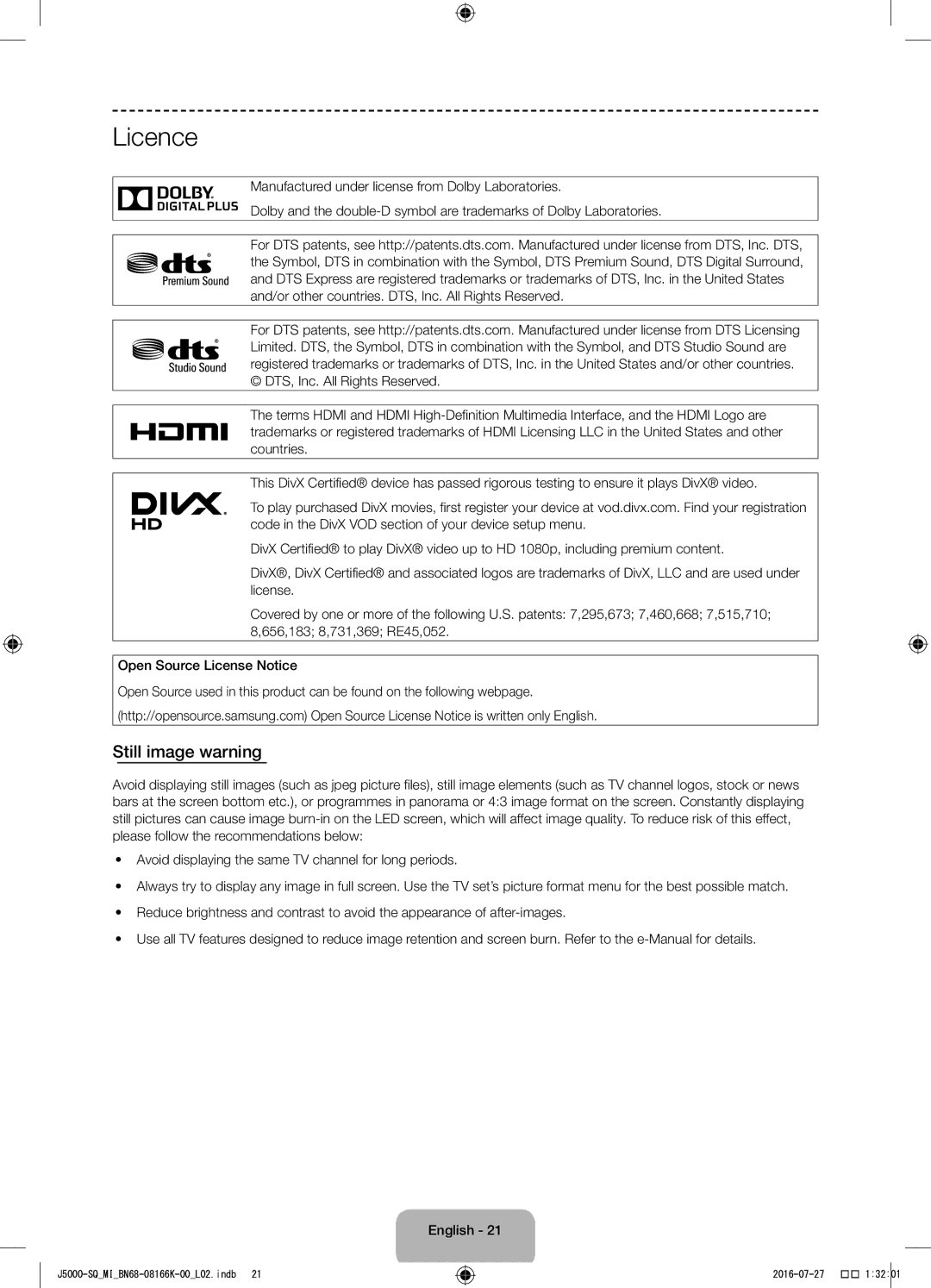 Samsung UA48J5000AWXSQ manual Licence, Still image warning 