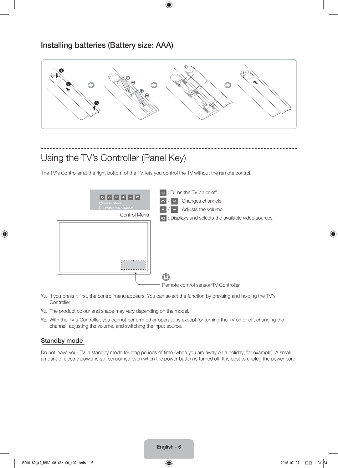 Samsung UA48J5000AWXSQ manual Using the TV’s Controller Panel Key, Standby mode, Control Menu 