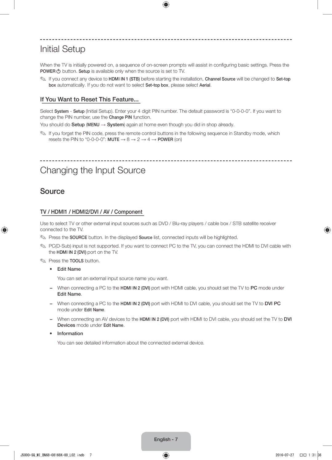 Samsung UA48J5000AWXSQ manual Initial Setup, Changing the Input Source, If You Want to Reset This Feature 