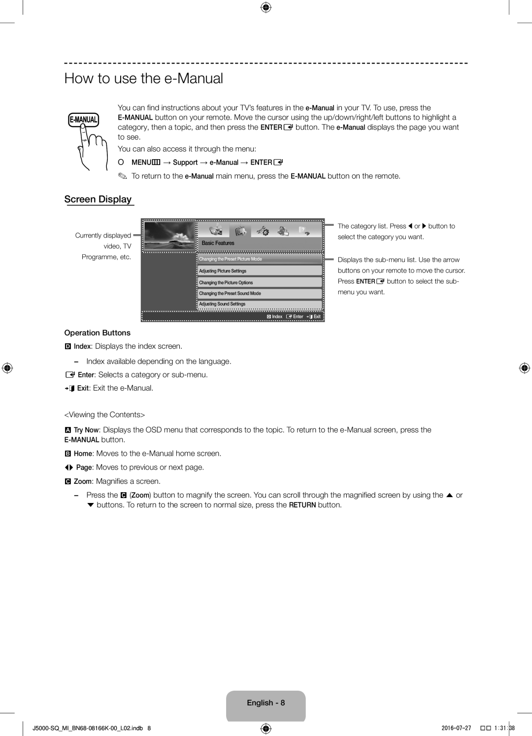 Samsung UA48J5000AWXSQ manual How to use the e-Manual, Screen Display, Operation Buttons Index Displays the index screen 