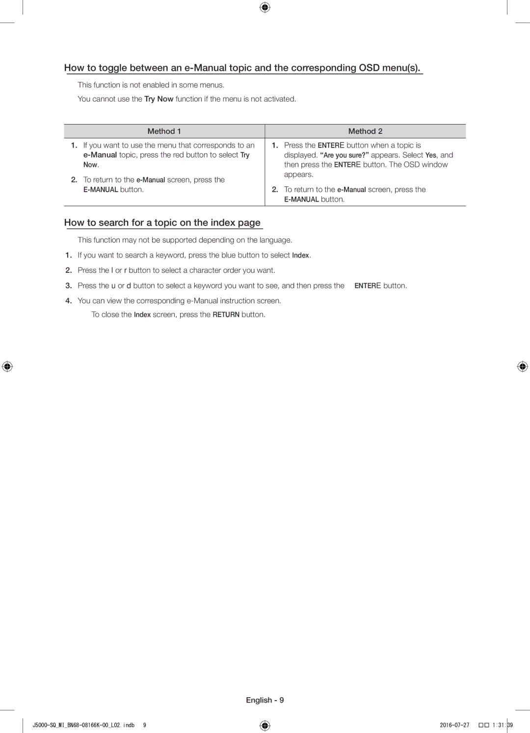 Samsung UA48J5000AWXSQ manual How to search for a topic on the index, Then press the Entere button. The OSD window 