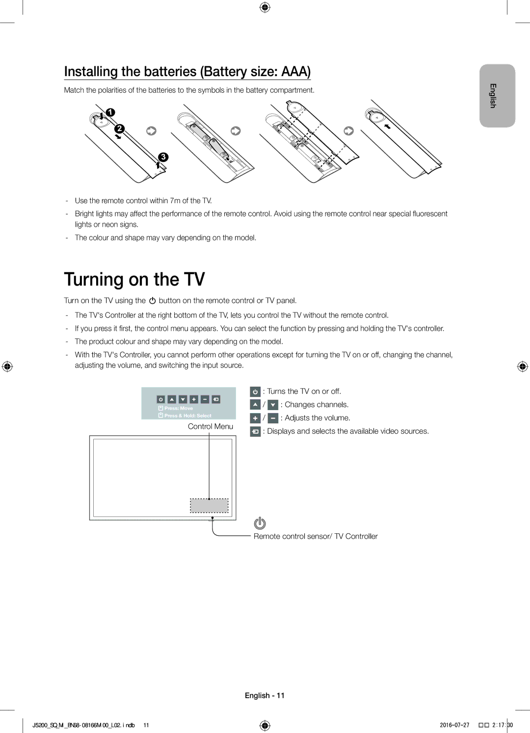 Samsung UA40J5200AWXSQ Turning on the TV, Installing the batteries Battery size AAA, Turns the TV on or off, Control Menu 