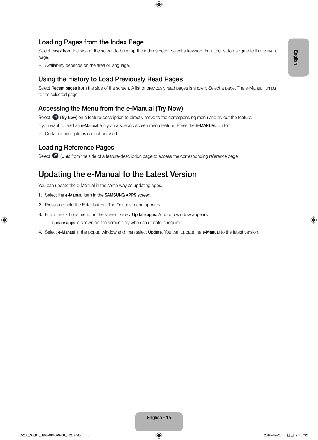Samsung UA40J5200AWXSQ Updating the e-Manual to the Latest Version, Loading Pages from the Index, Loading Reference Pages 