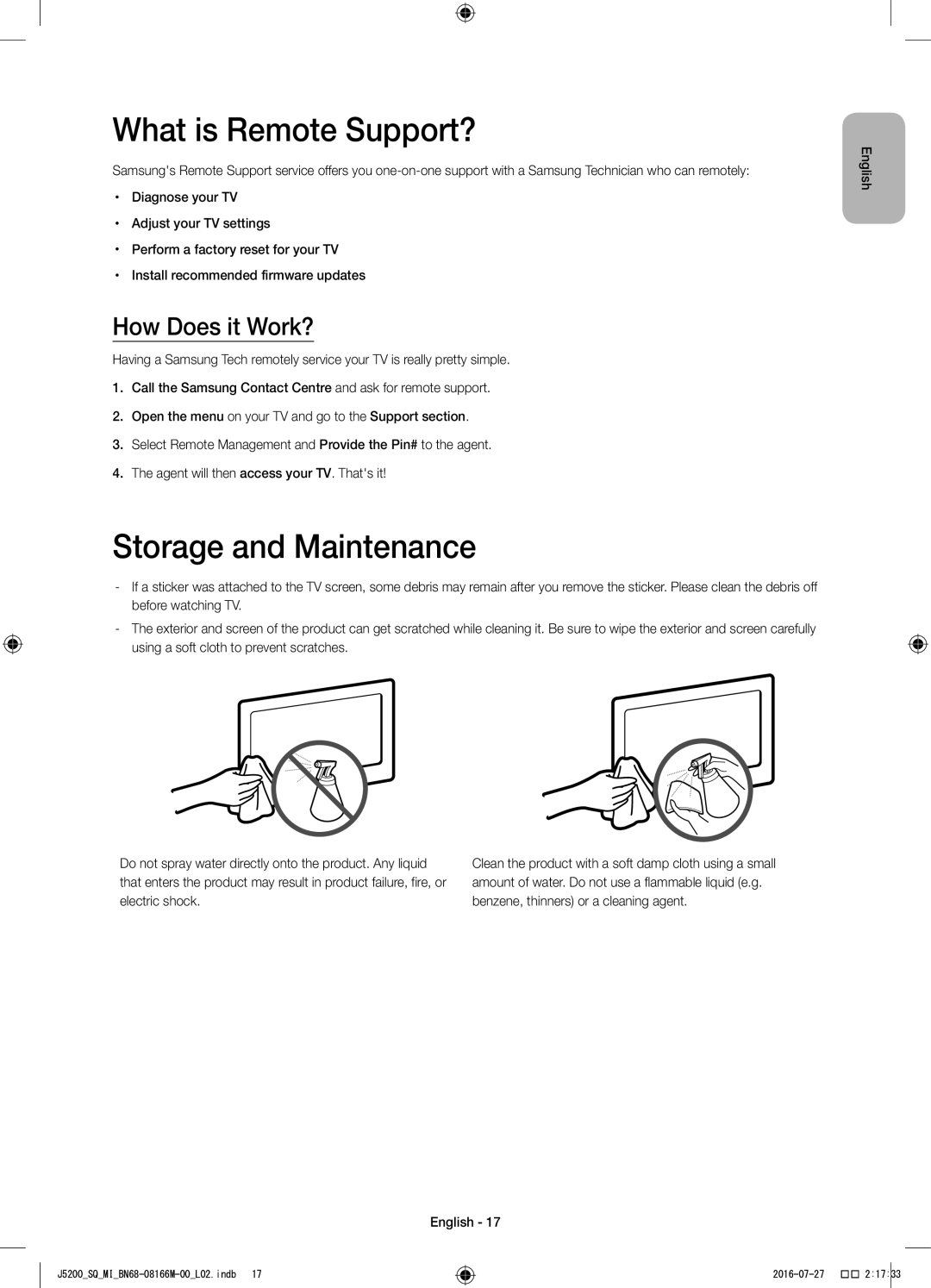 Samsung UA40J5200AWXSQ, UA48J5200AWXSQ manual What is Remote Support?, Storage and Maintenance, How Does it Work? 