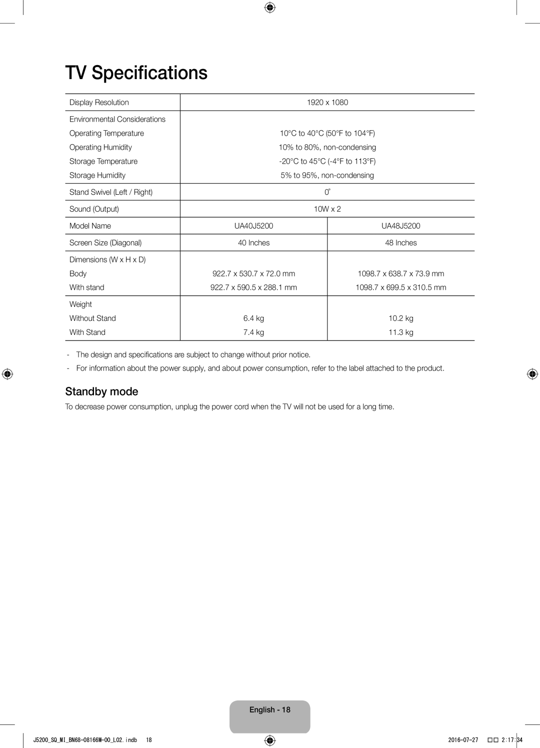 Samsung UA48J5200AWXSQ, UA40J5200AWXSQ manual TV Specifications, Standby mode 