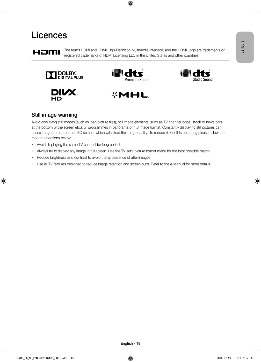 Samsung UA40J5200AWXSQ, UA48J5200AWXSQ manual Licences, Still image warning 