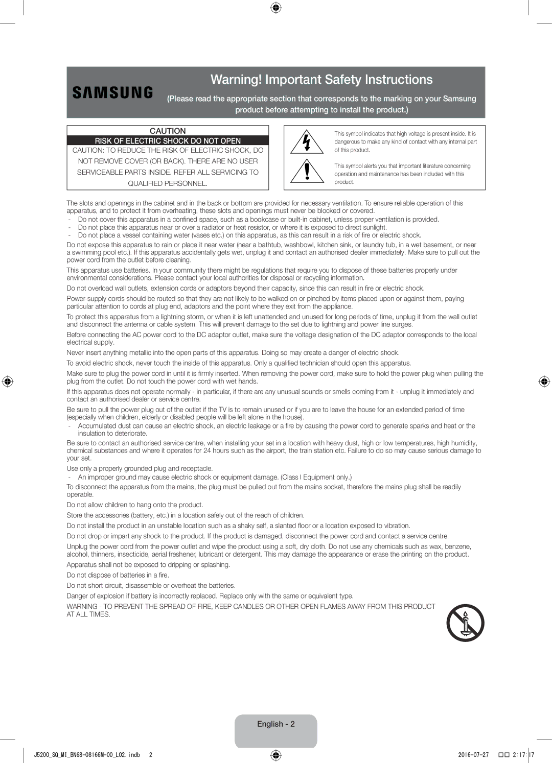 Samsung UA48J5200AWXSQ, UA40J5200AWXSQ manual Risk of Electric Shock do not Open, English 