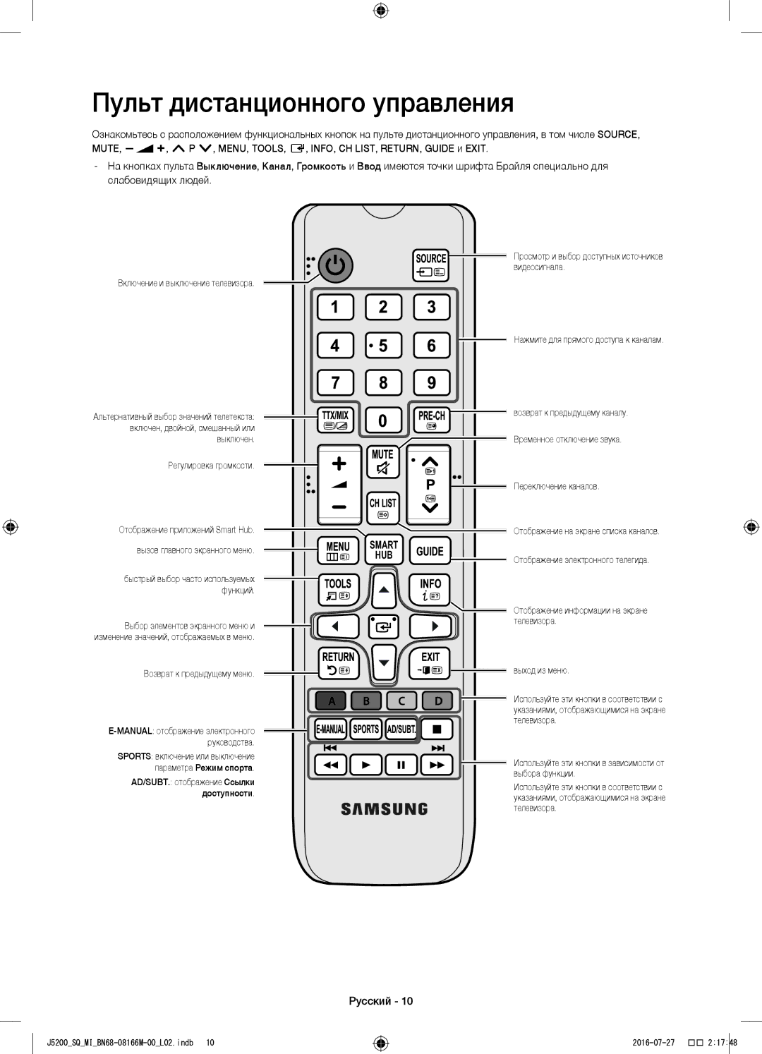 Samsung UA48J5200AWXSQ, UA40J5200AWXSQ manual Пульт дистанционного управления, Возврат к предыдущему меню 