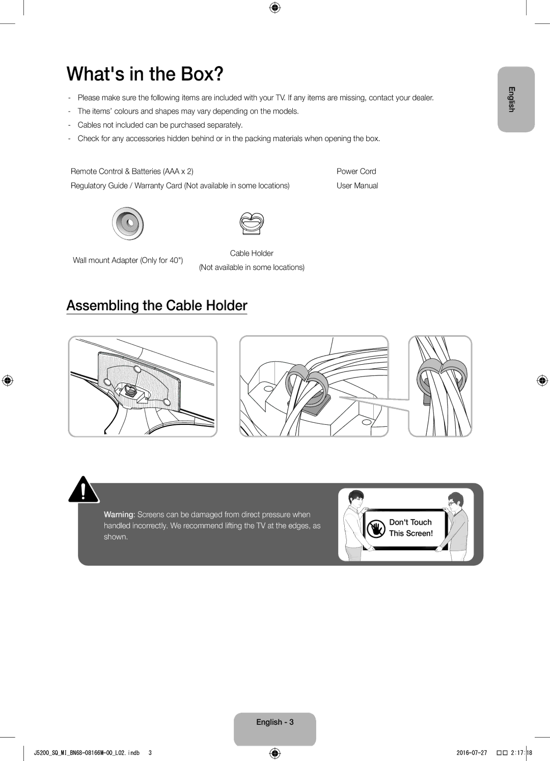 Samsung UA40J5200AWXSQ, UA48J5200AWXSQ manual Whats in the Box?, Assembling the Cable Holder, English Dont Touch This Screen 