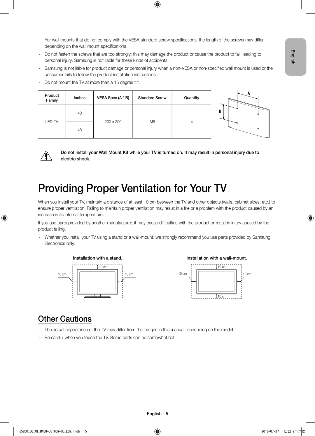 Samsung UA40J5200AWXSQ, UA48J5200AWXSQ manual Providing Proper Ventilation for Your TV, Other Cautions 