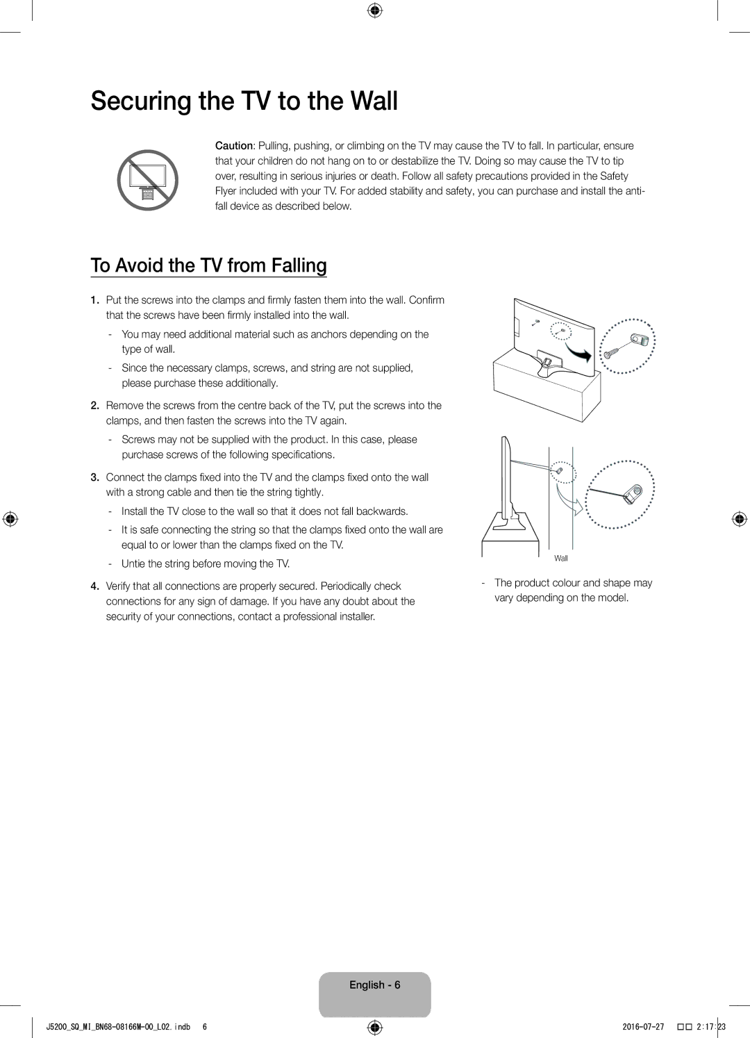 Samsung UA48J5200AWXSQ, UA40J5200AWXSQ manual Securing the TV to the Wall, To Avoid the TV from Falling 