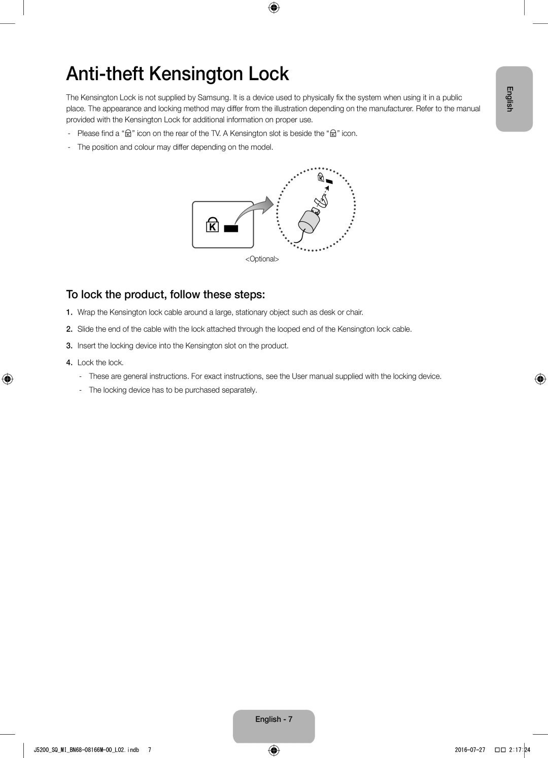 Samsung UA40J5200AWXSQ, UA48J5200AWXSQ manual Anti-theft Kensington Lock, To lock the product, follow these steps 